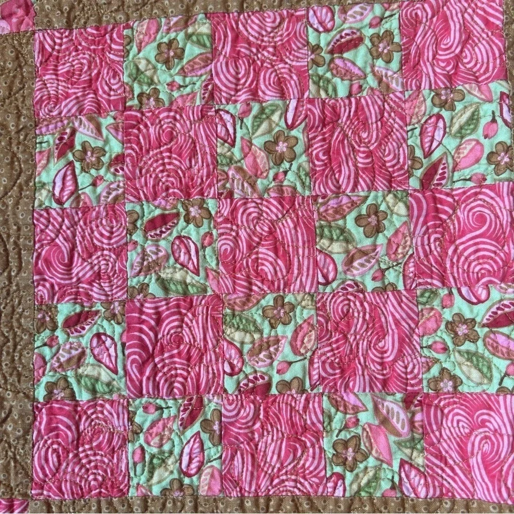 Vintage Handmade Quilt Floral Fleece Squares Reversible Pink Cosy Cottage Core